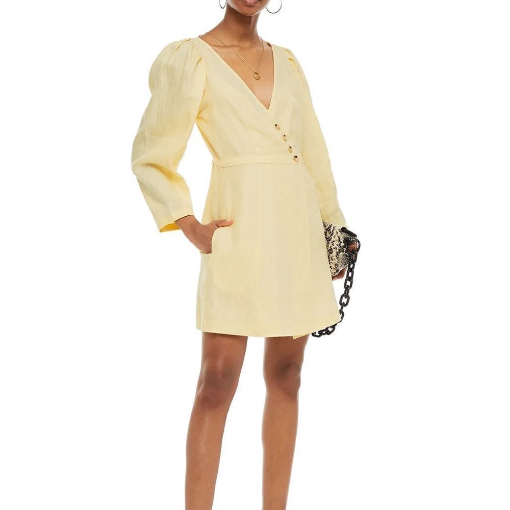BAUM UND PFERDGARTEN Abrial linen mini wrap dress in pastel yellow MSRP $279 NEW